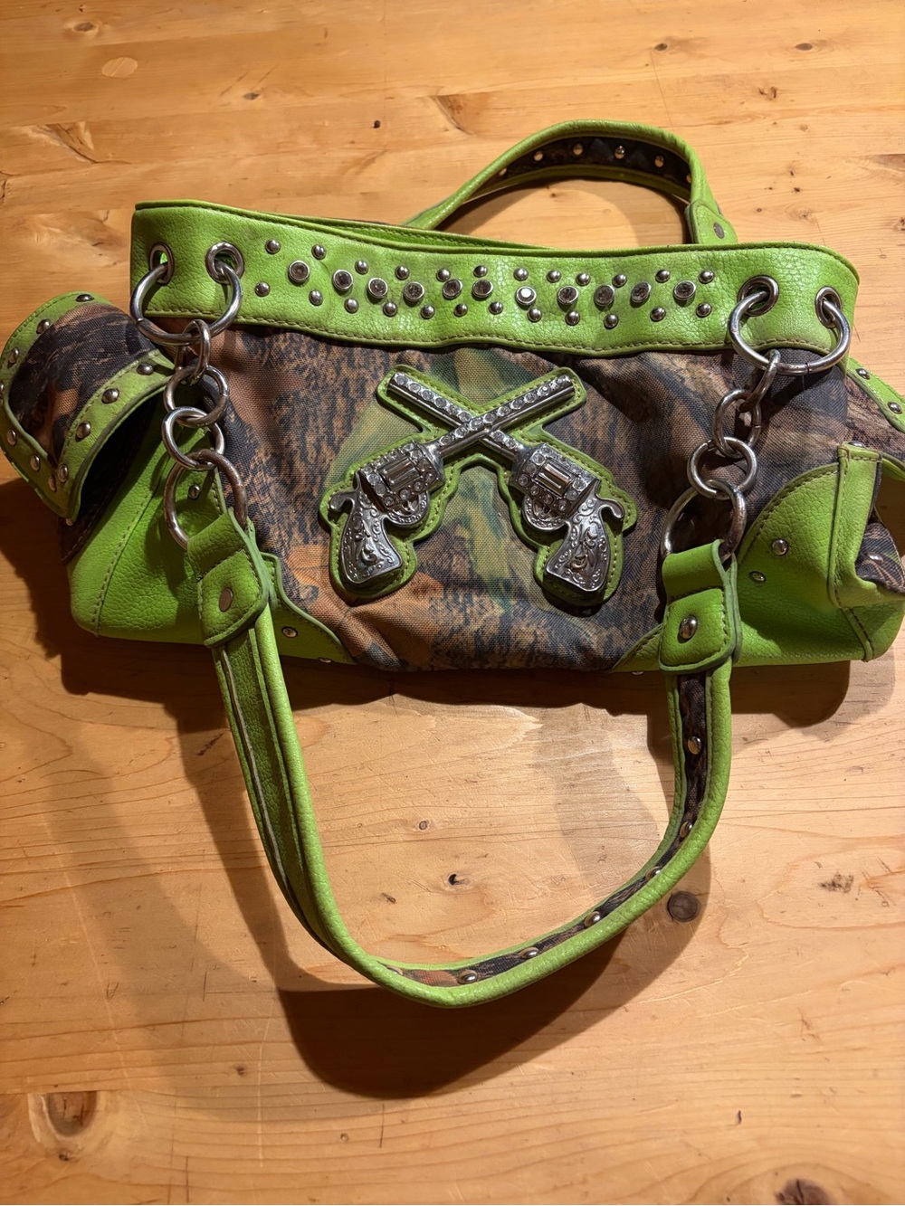 Green Camouflage Shoulder Bag with Stud and Crossed Gun Accent